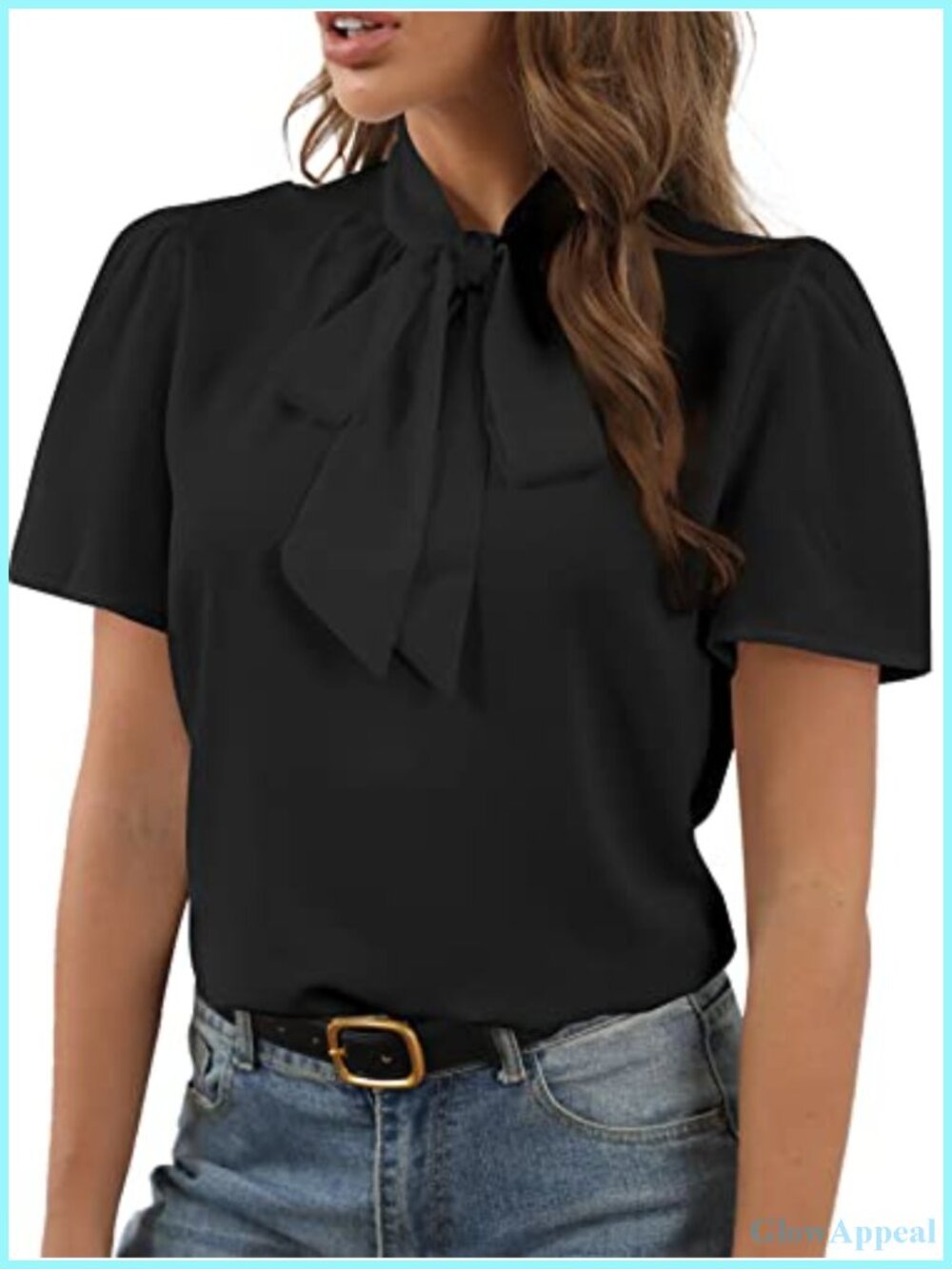 Bow Tie Knot Mock Neck Short Sleeve Blouse